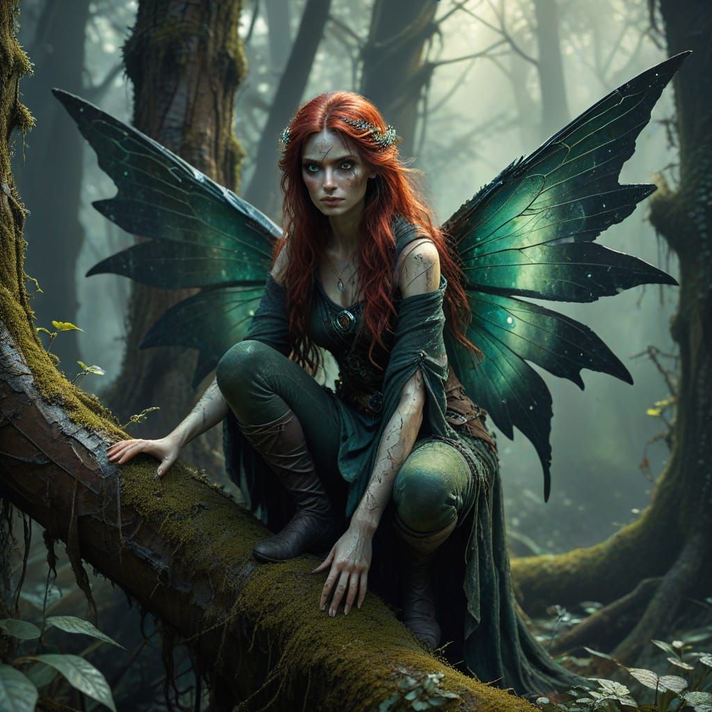 Mysterious Fairy on Ancient Tree Trunk, Painterly Fantasy Ar...