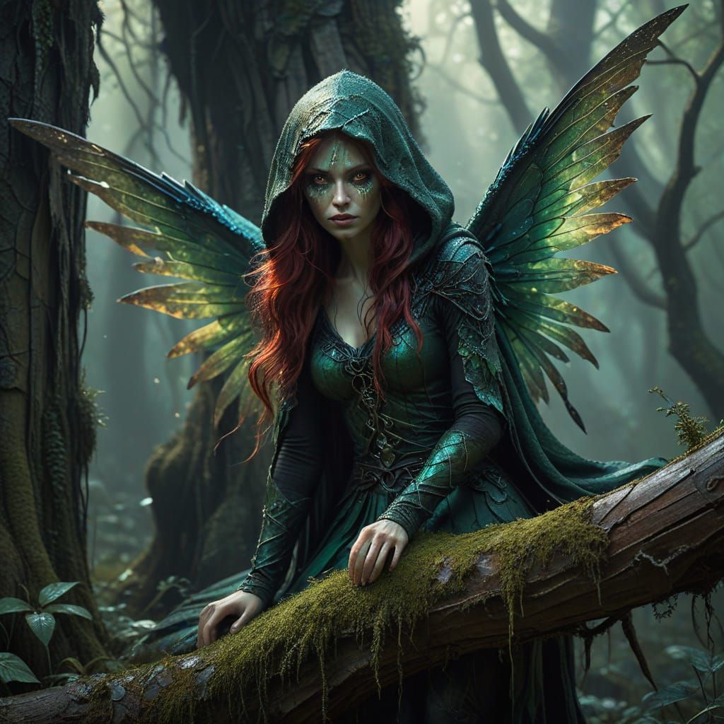 Mysterious Fairy on Ancient Tree Trunk in Painterly Style