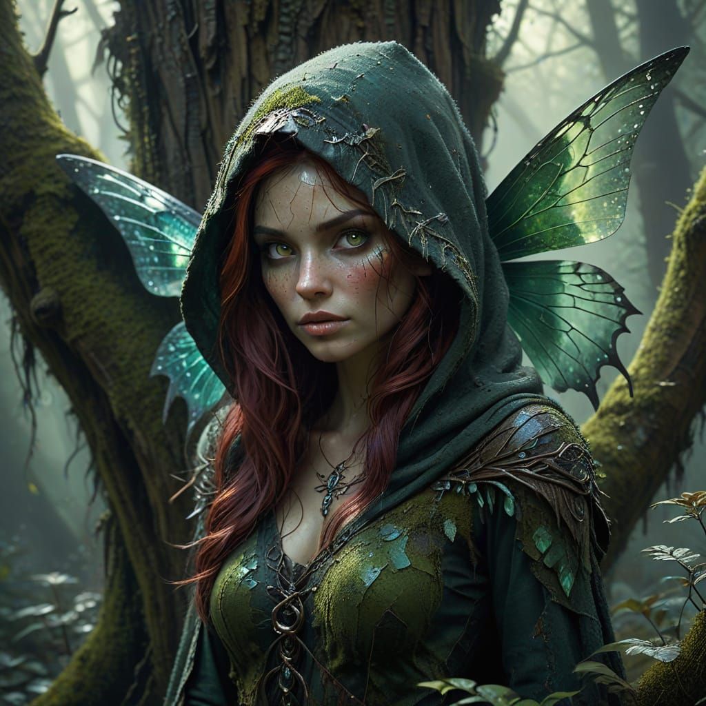 Mysterious Fairy on Ancient Tree Trunk in Painterly Style