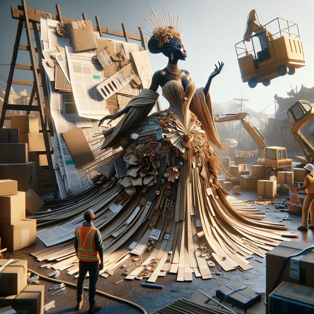 Confident Black Woman in High Couture Gown Amidst Constructi...