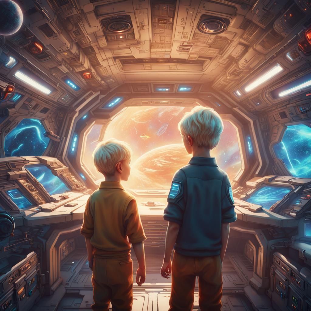 Boys Learn Laser Sword on Spaceship in Sci-Fi Style