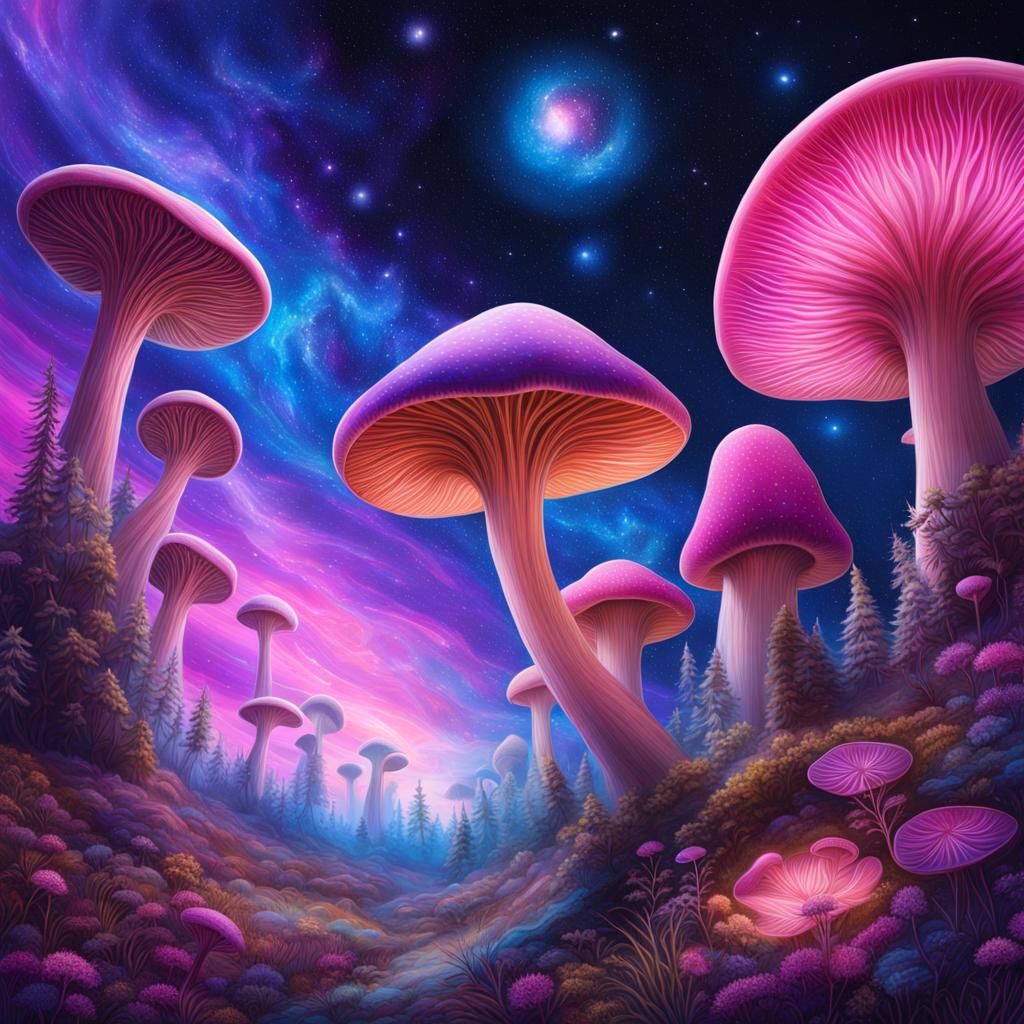 Pastel Mushroom Landscape in Cosmic Astral Illustration