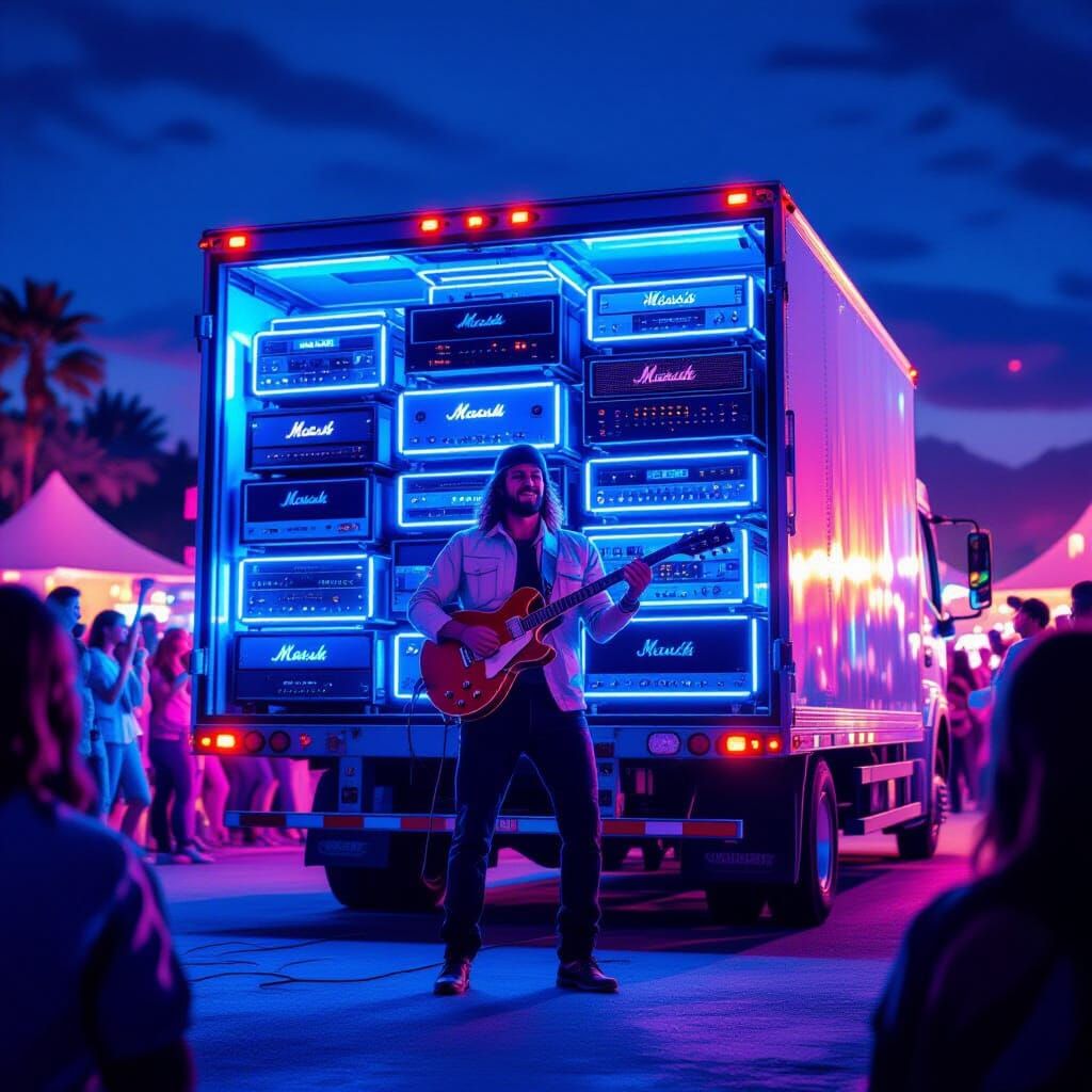 Guitarist on Amp-Filled Truck at Neon Concert