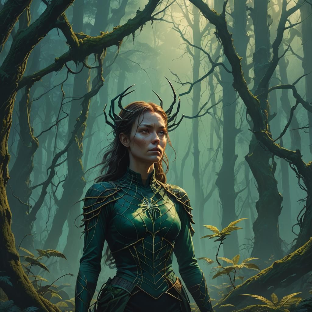 Spider-Woman in Mystical Forest, Fantasy Concept Art
