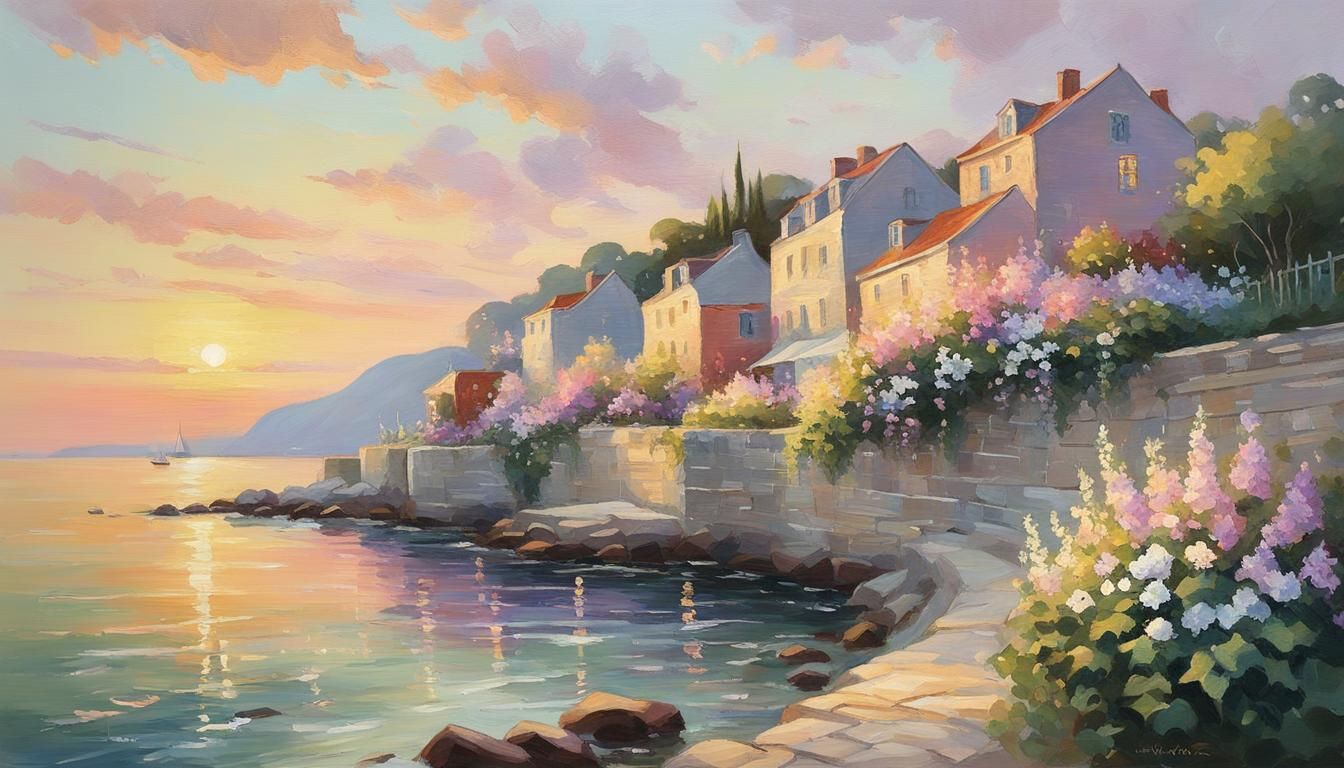 Impressionist Summer Sunset Over Flower Harbor