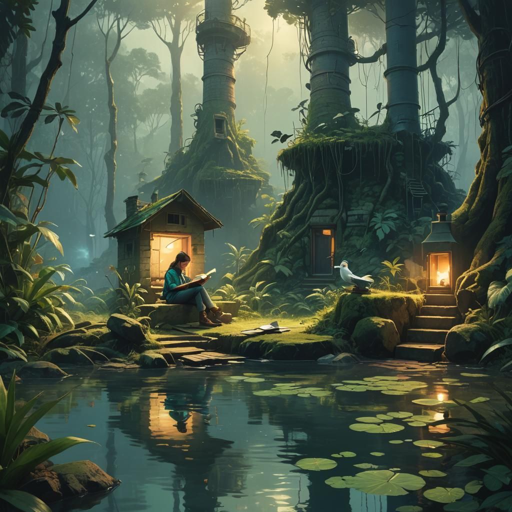 Girl Reading Book in Jungle, Matte Painting