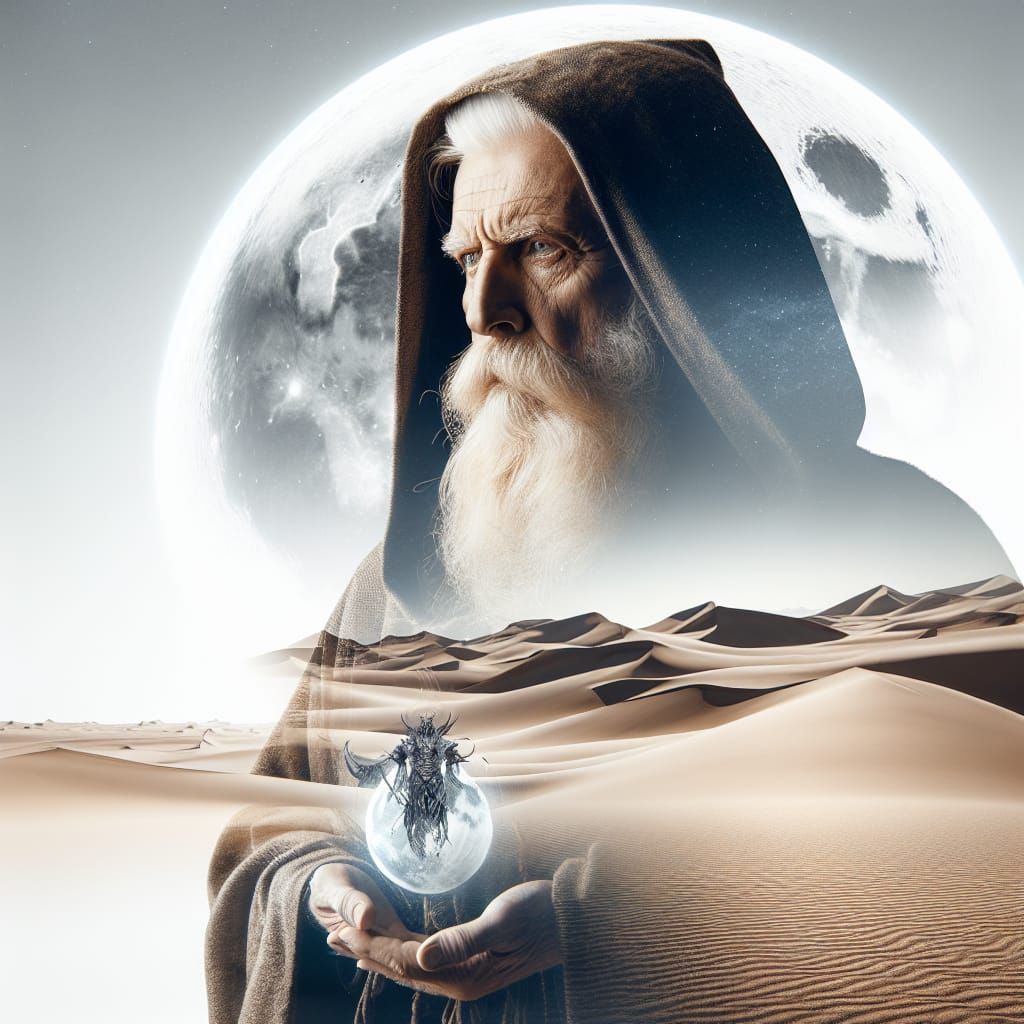 Celtic Sorcerer in Double Exposure Desert Landscape