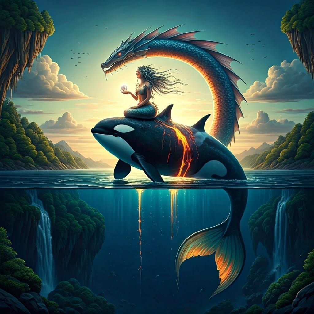 Majestic Mermaid Goddess Ascends Golden Sunrise