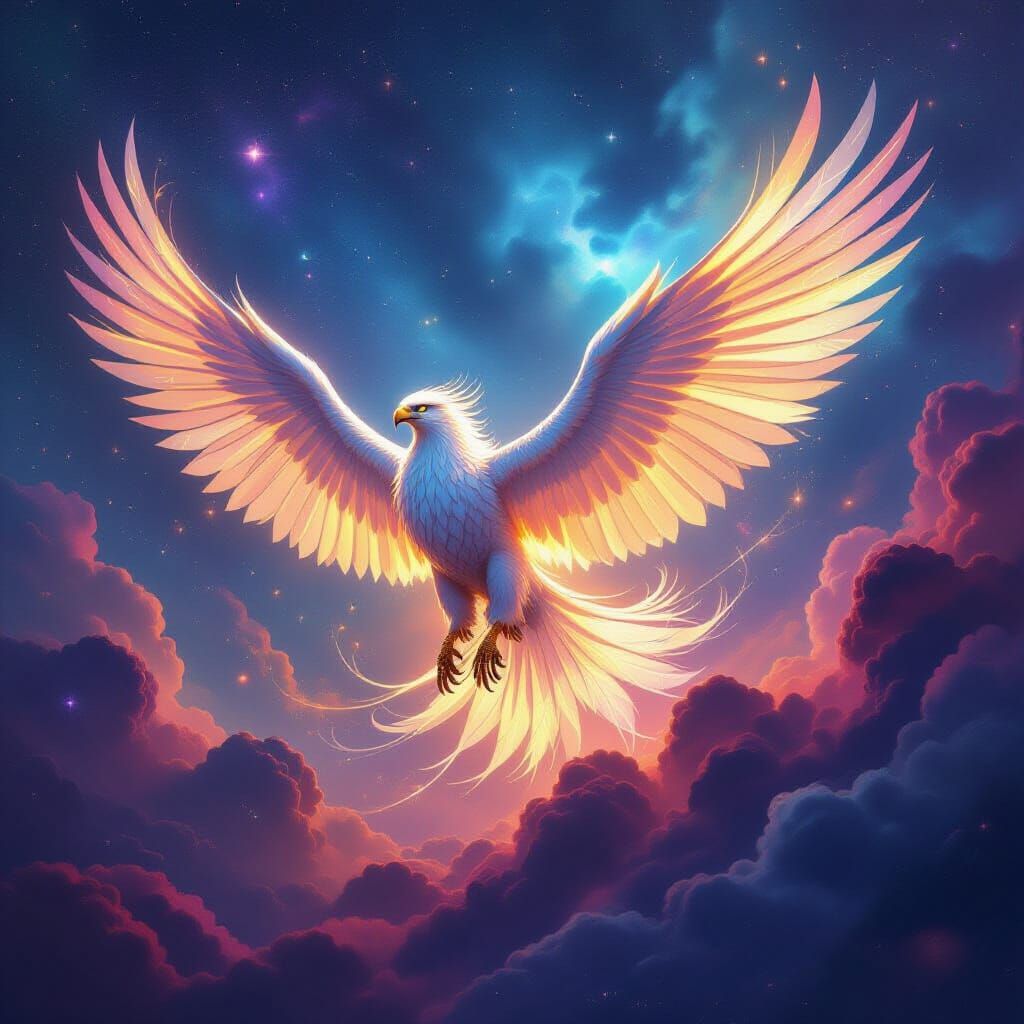 Bioluminescent Griffin Soars Through Cosmic Nebula