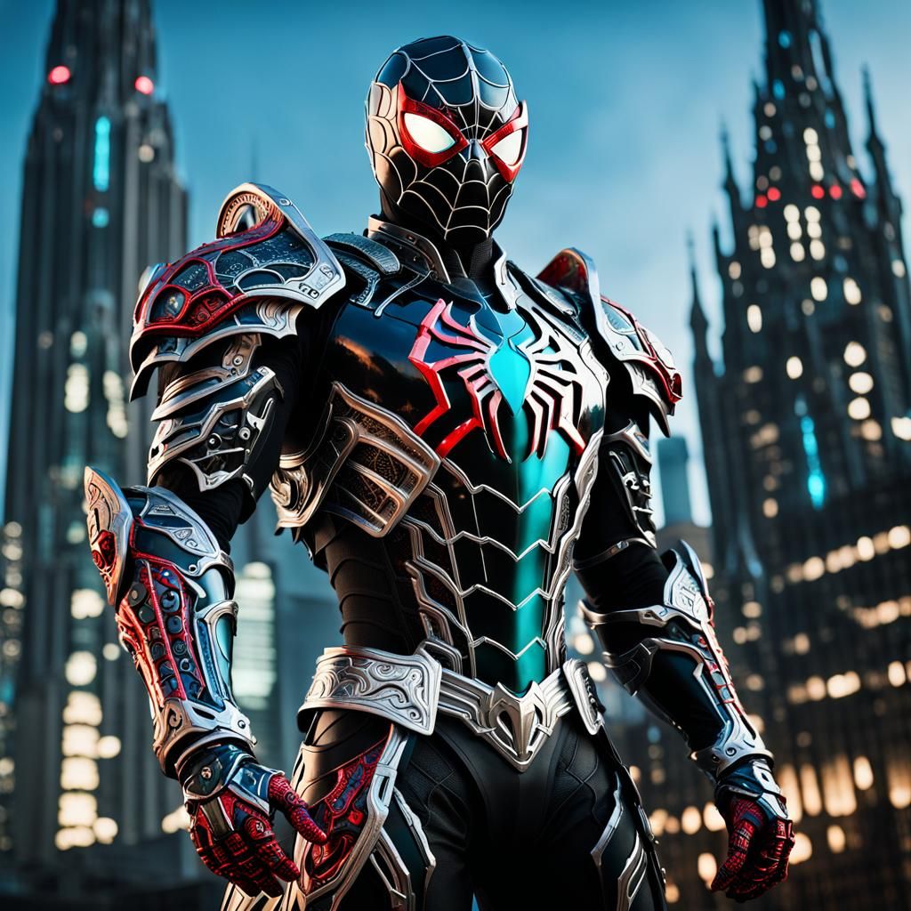 Spiderman in Rococo Armor Against Cyberpunk Cityscape