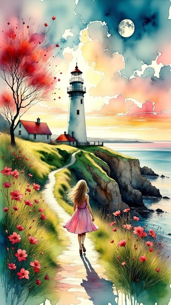 Dreamy Irish Lighthouse in Watercolor Style