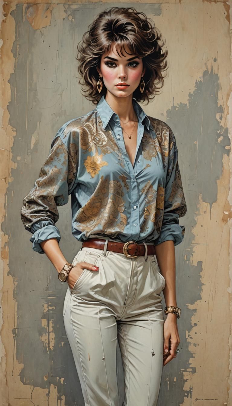 Elegant Woman in 80s Fashion, Pin-Up Art Style