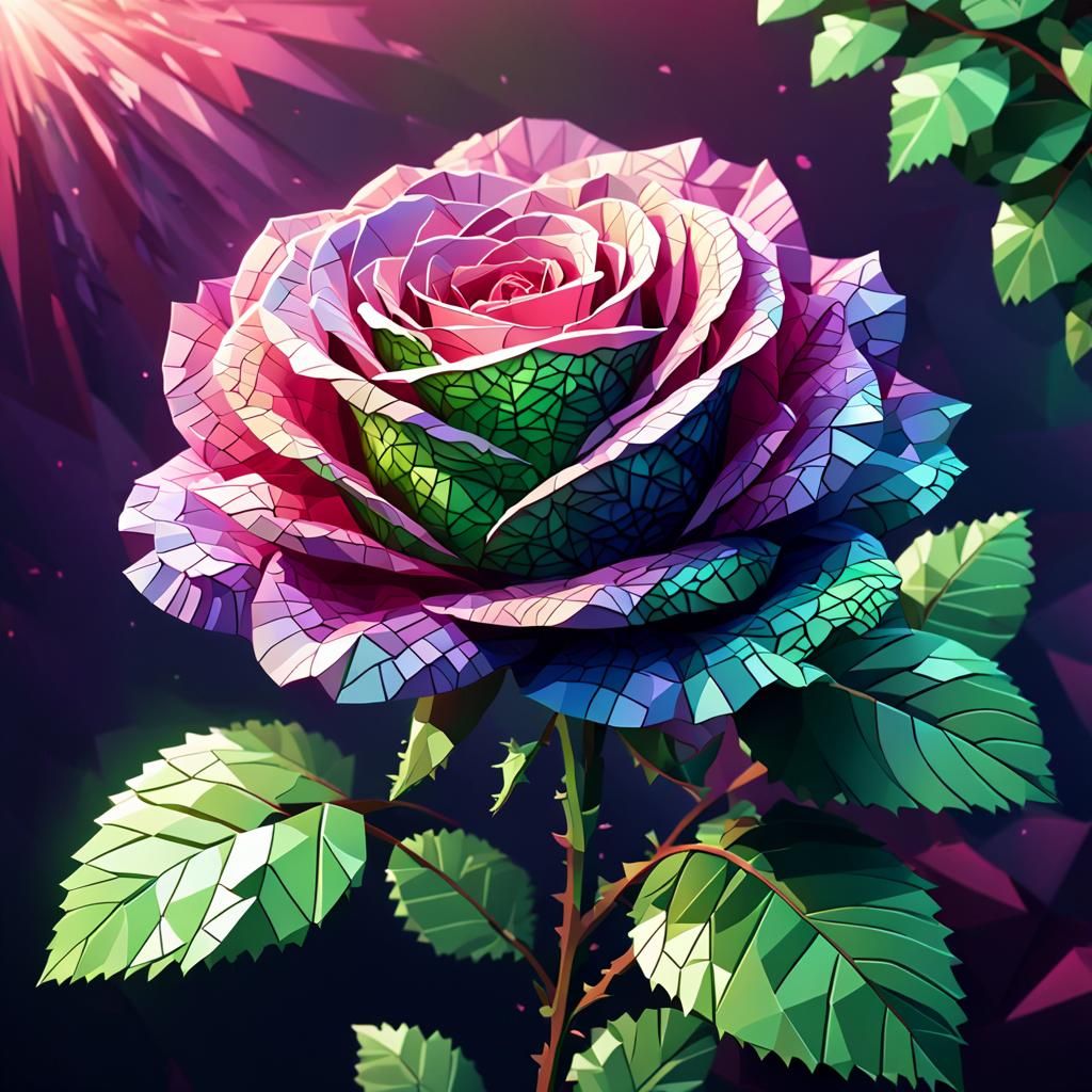 Vibrant Pixel Art Rose with Geometric Details