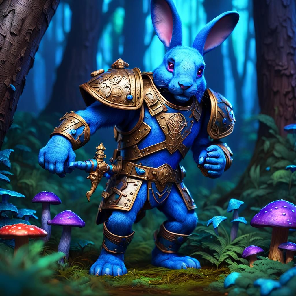 Armored Blue Bunny in Lush Forest, Fantasy Art