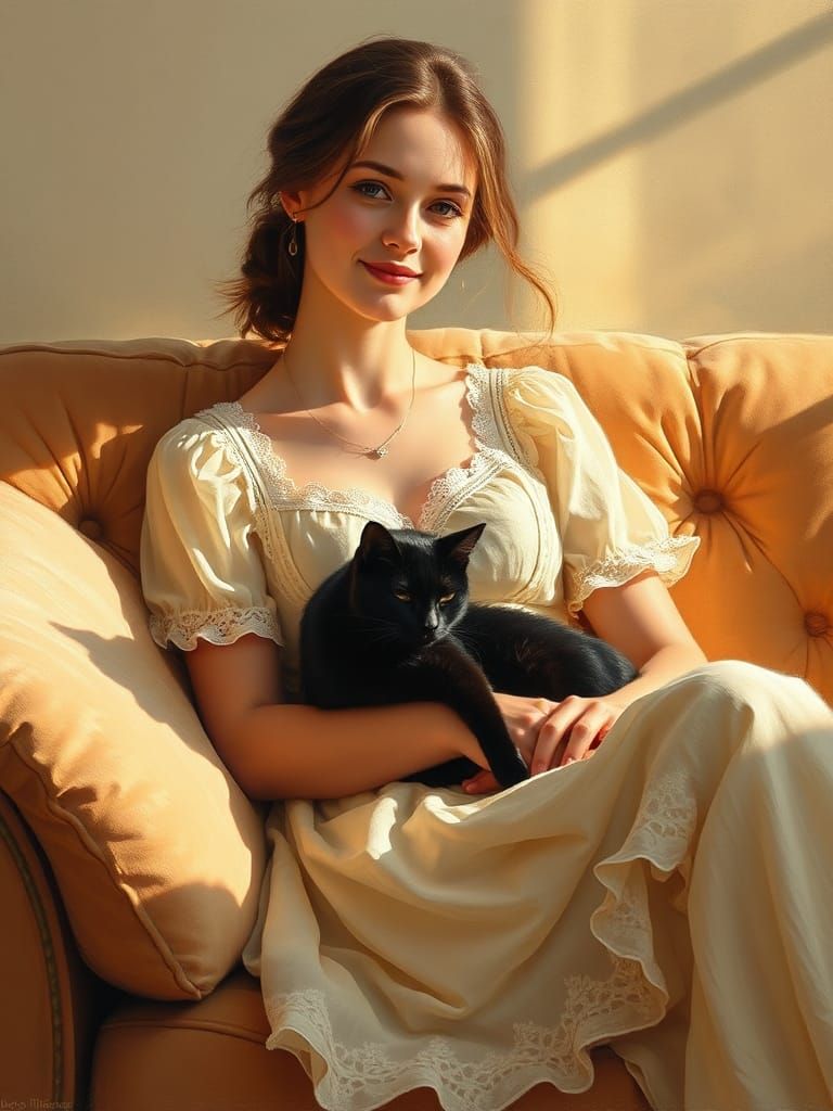 Woman with Cat on Sofa in Oil Painting Style