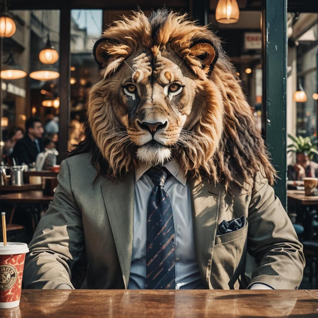 Lion-Headed Businessman in Cafe, Photorealistic Art