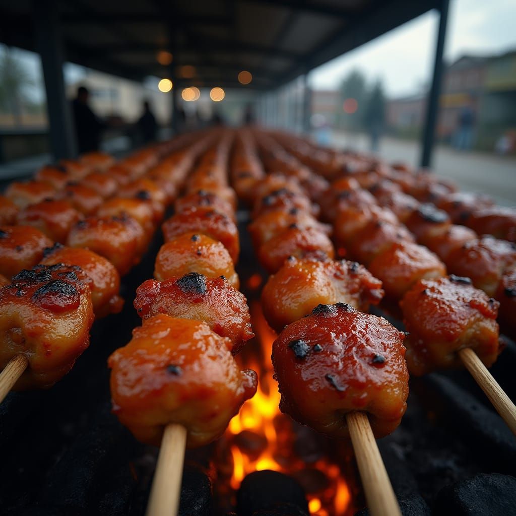 Sizzling Shashlik Skewers on Grill: High-Contrast Close-Up