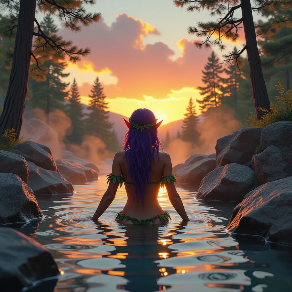 Elf Woman in Hot Spring, Dystopian Digital Art