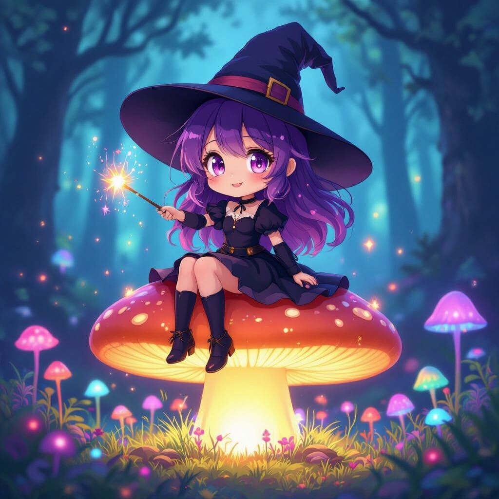 Anime Witch Casting Spell in Bioluminescent Forest
