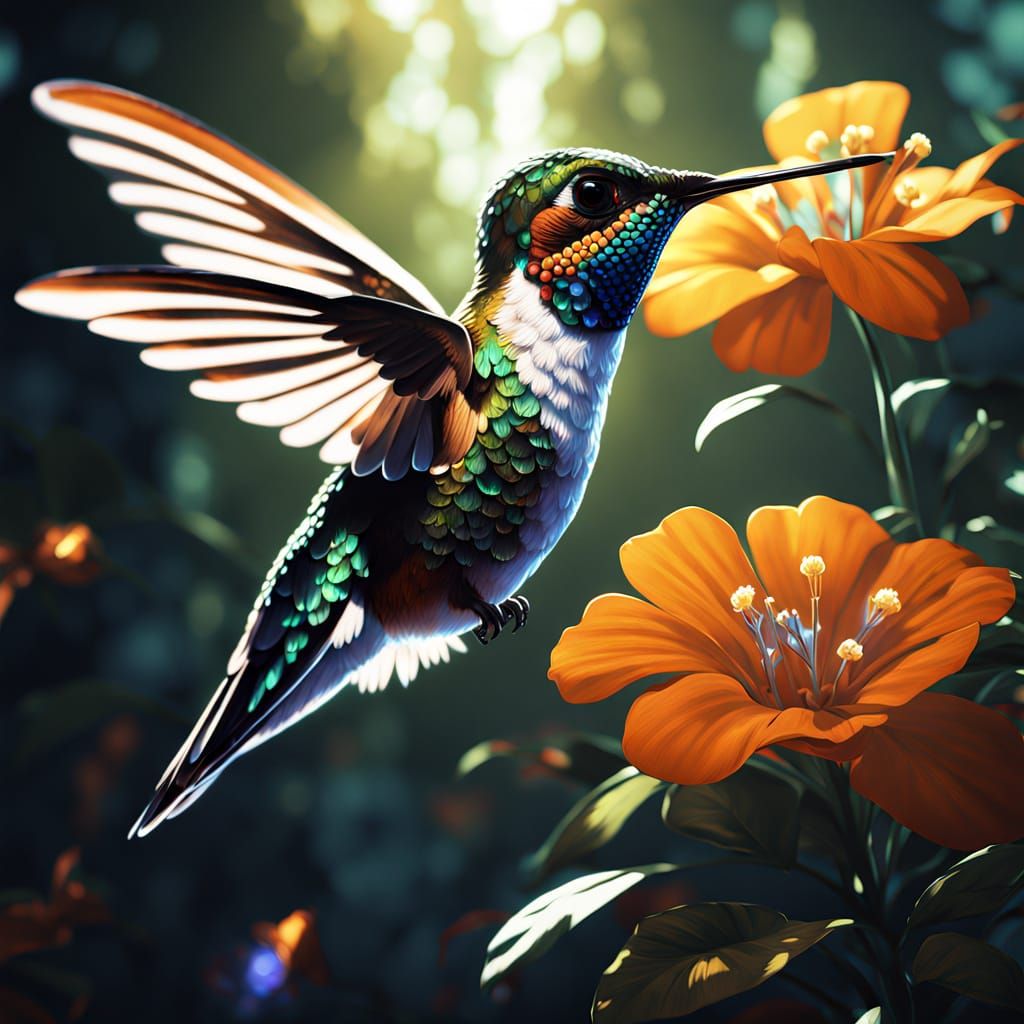 Anthropomorphic Hummingbird Sipping Nectar, Neon Bioluminesc...