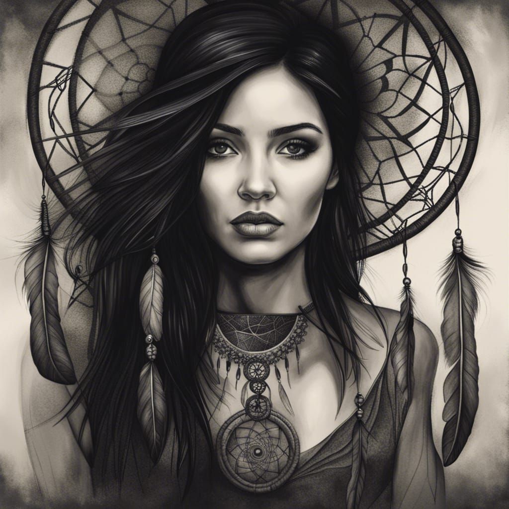 Dreamcatcher Woman: Black and White Charcoal Drawing