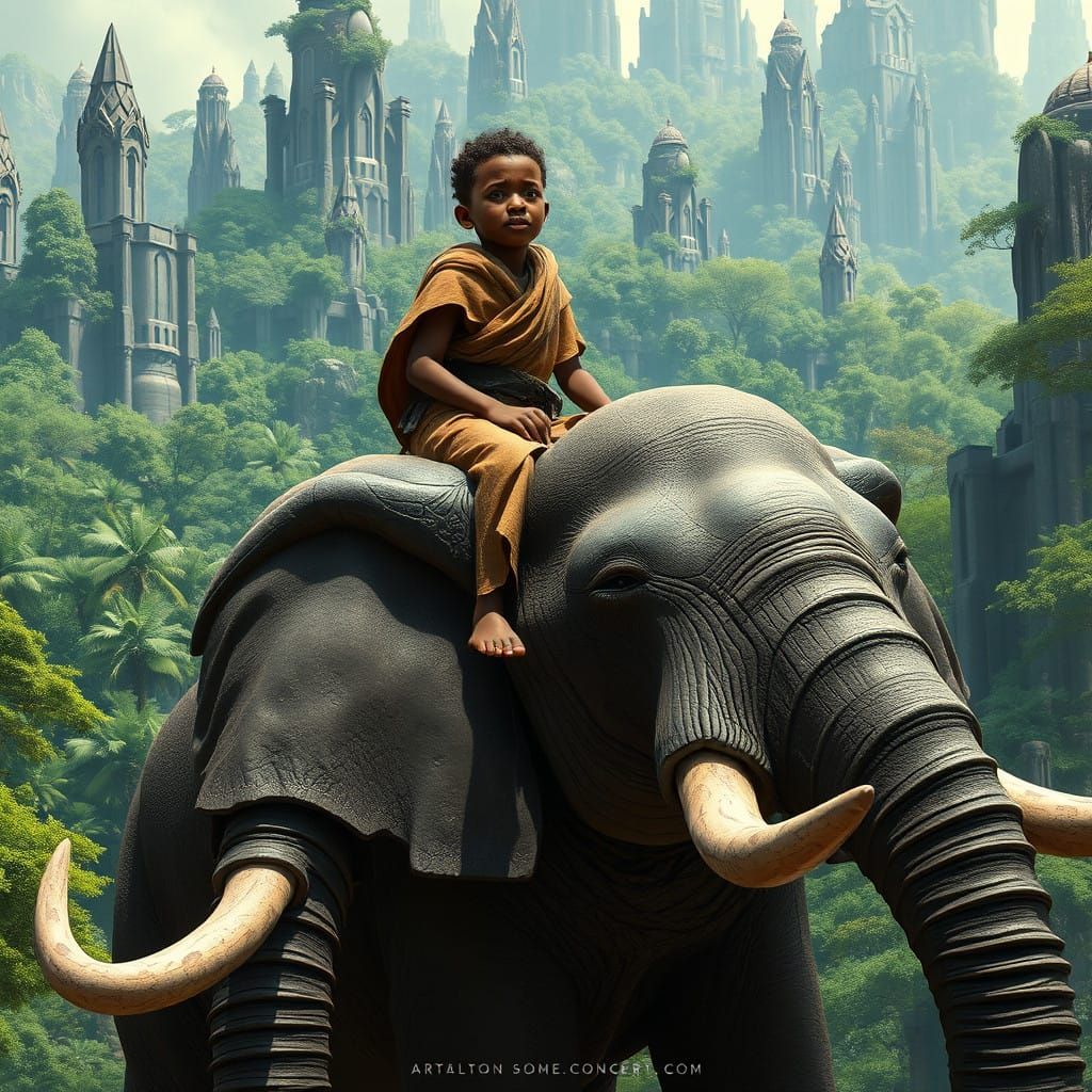 Resilient Black Boy Rides Colossal Grey Elephant in Vibrant ...
