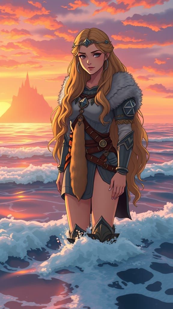 Viking Goddess Freya Stands on Seashore, Valhalla in Distanc...