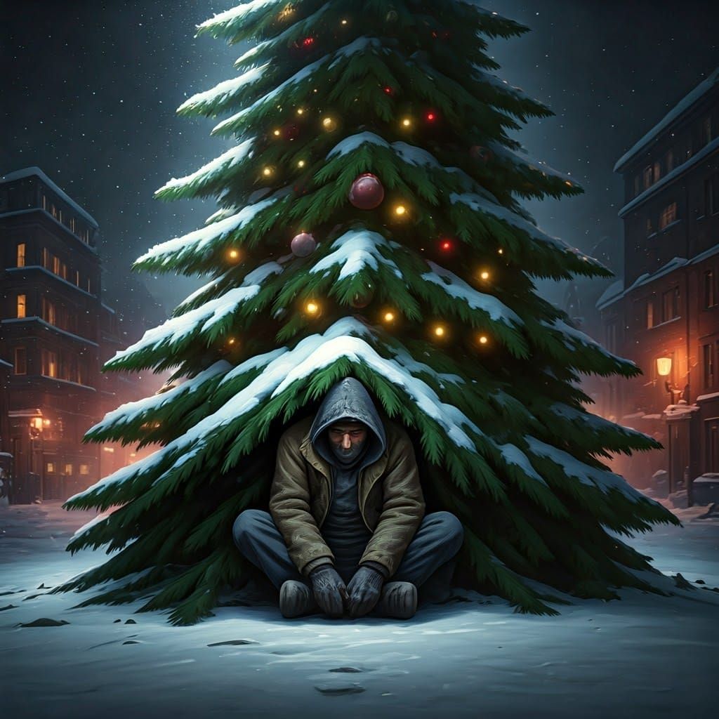 Homeless Man Finds Shelter Beneath a Festive Christmas Tree...