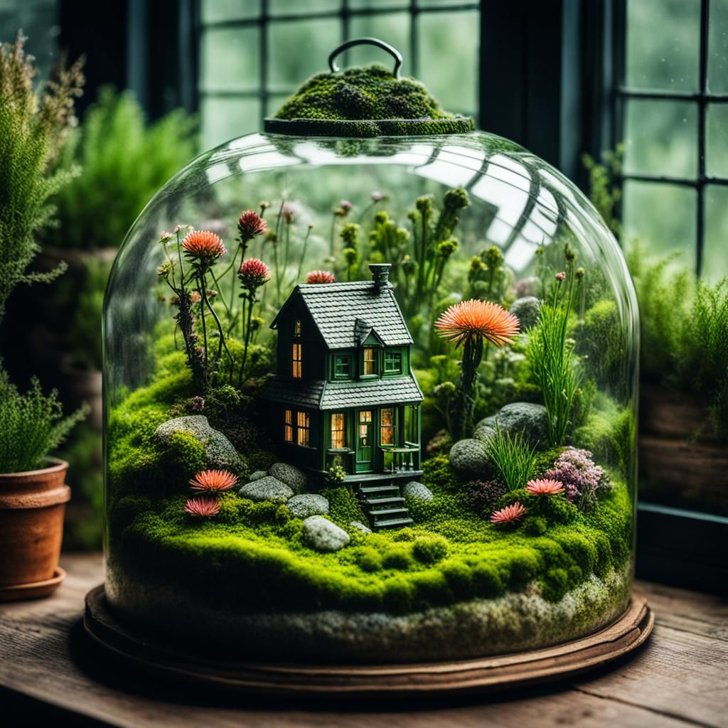 Closed Terrarium Greenery Tiny House With Mold, Algae & Flow...