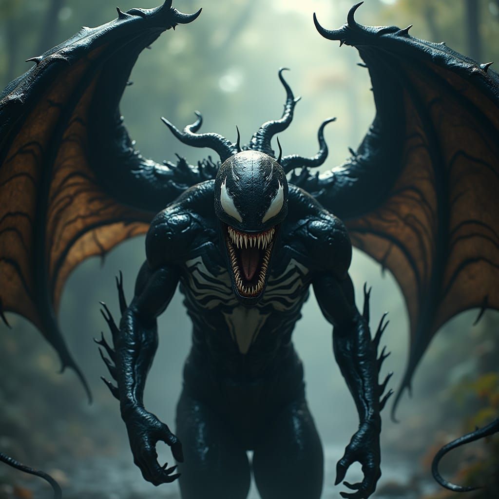 Gothic Symbiote Emerges from Shadows in Hyperrealistic Style