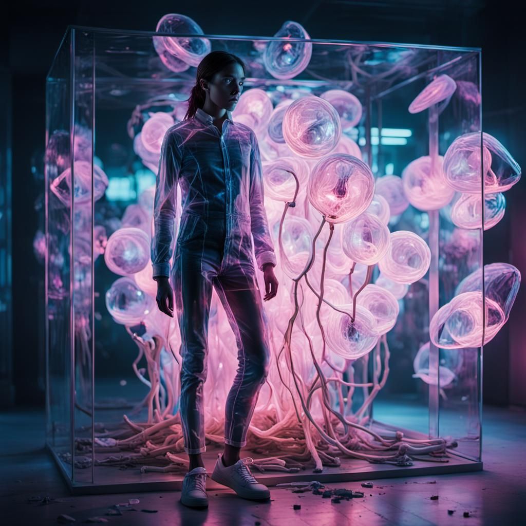 Surreal Figure Emerges in Fluorescent Dreamscape