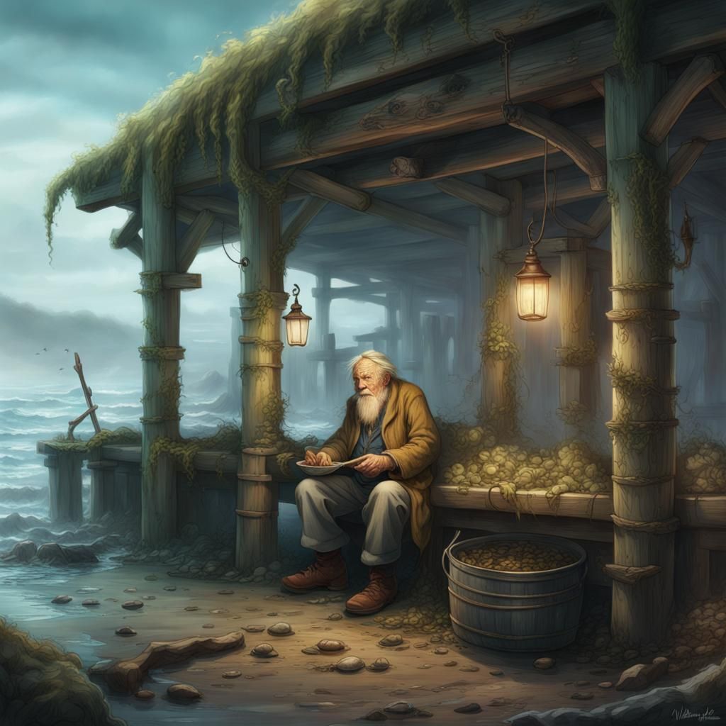 Old Man Selling Seaweed Soup: Color Pencil Art