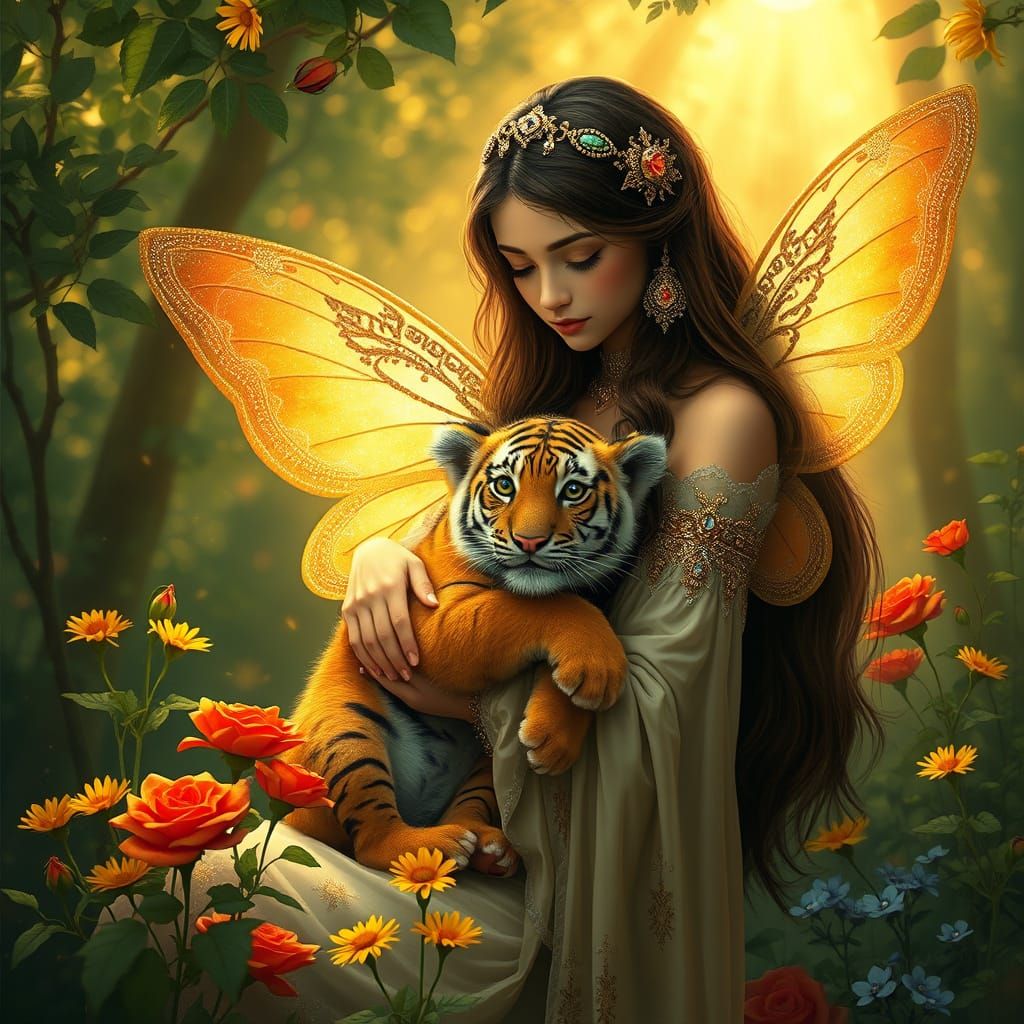 Serene Fairy and Golden Tiger Cub in Enchanted Forest
