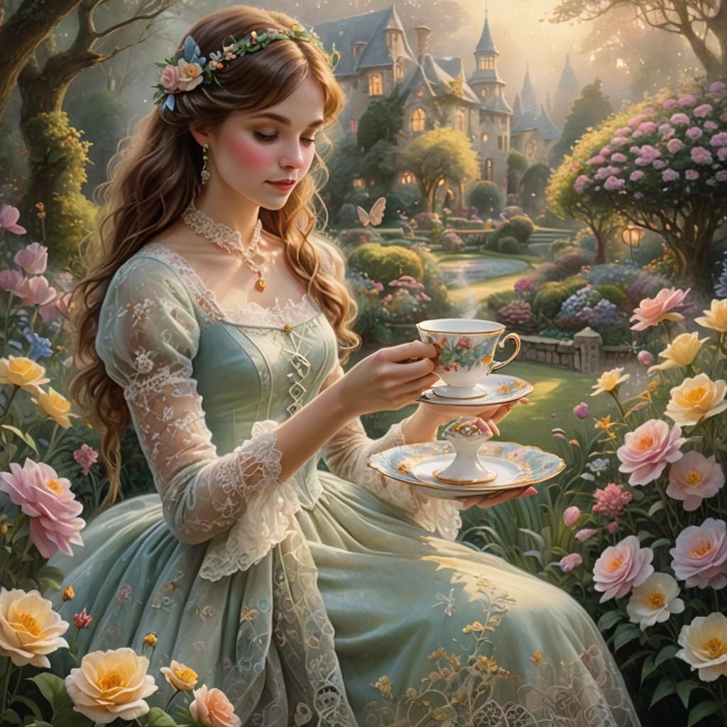 Ethereal Hand Holds Teacup in Fantasy Garden