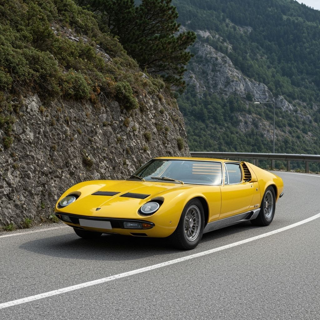 Yellow 1968 Lamborghini Miura on Italian Mountain Road