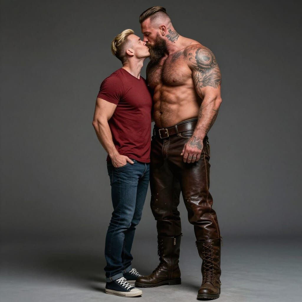 Intimate Moment Between Muscular Men in Moody Lighting