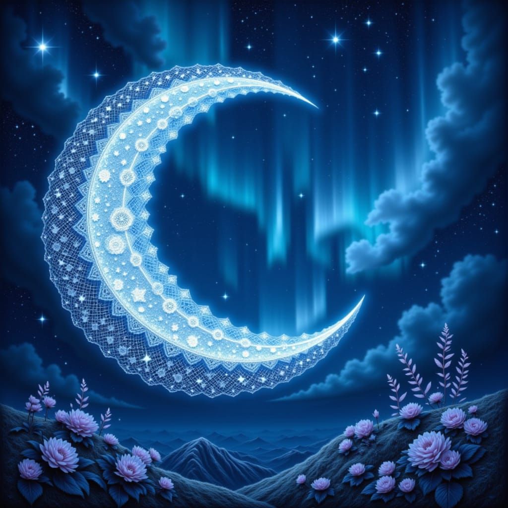 Dreamlike Art Nouveau Moonlit Wolf Howling with Aurora