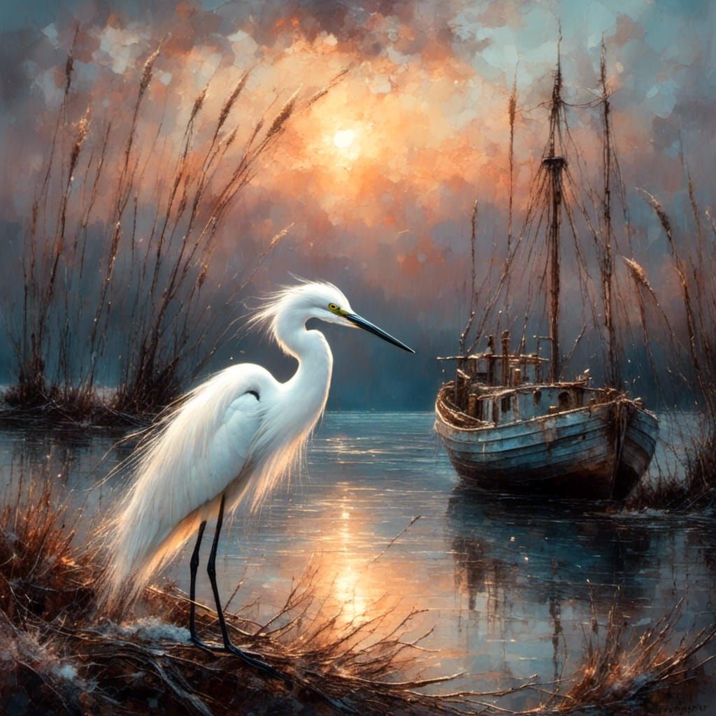 Snowy Egret in Sparkling Water, Impasto Oil Painting