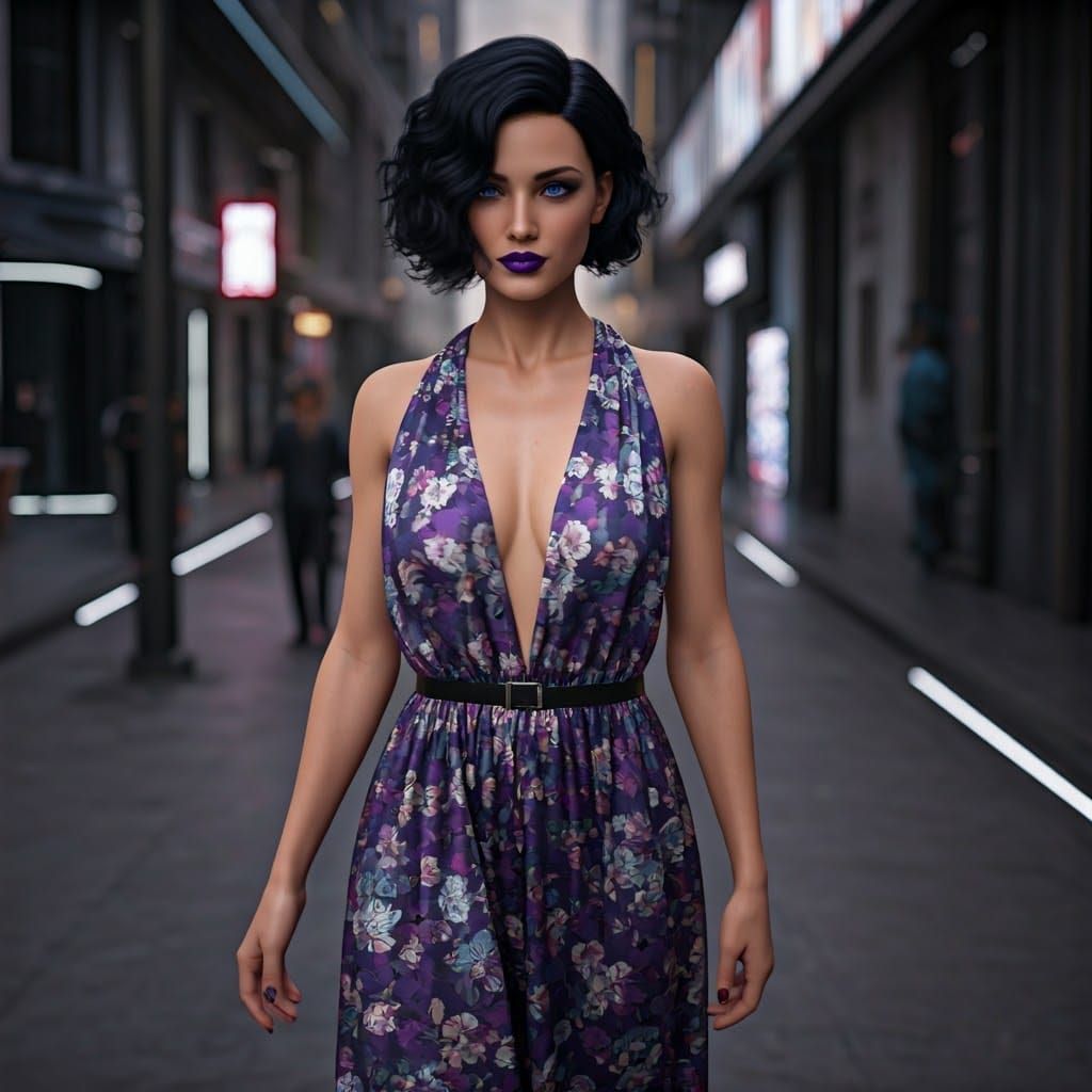 Elegant Woman in Floral Outfit, Futuristic Realism Style