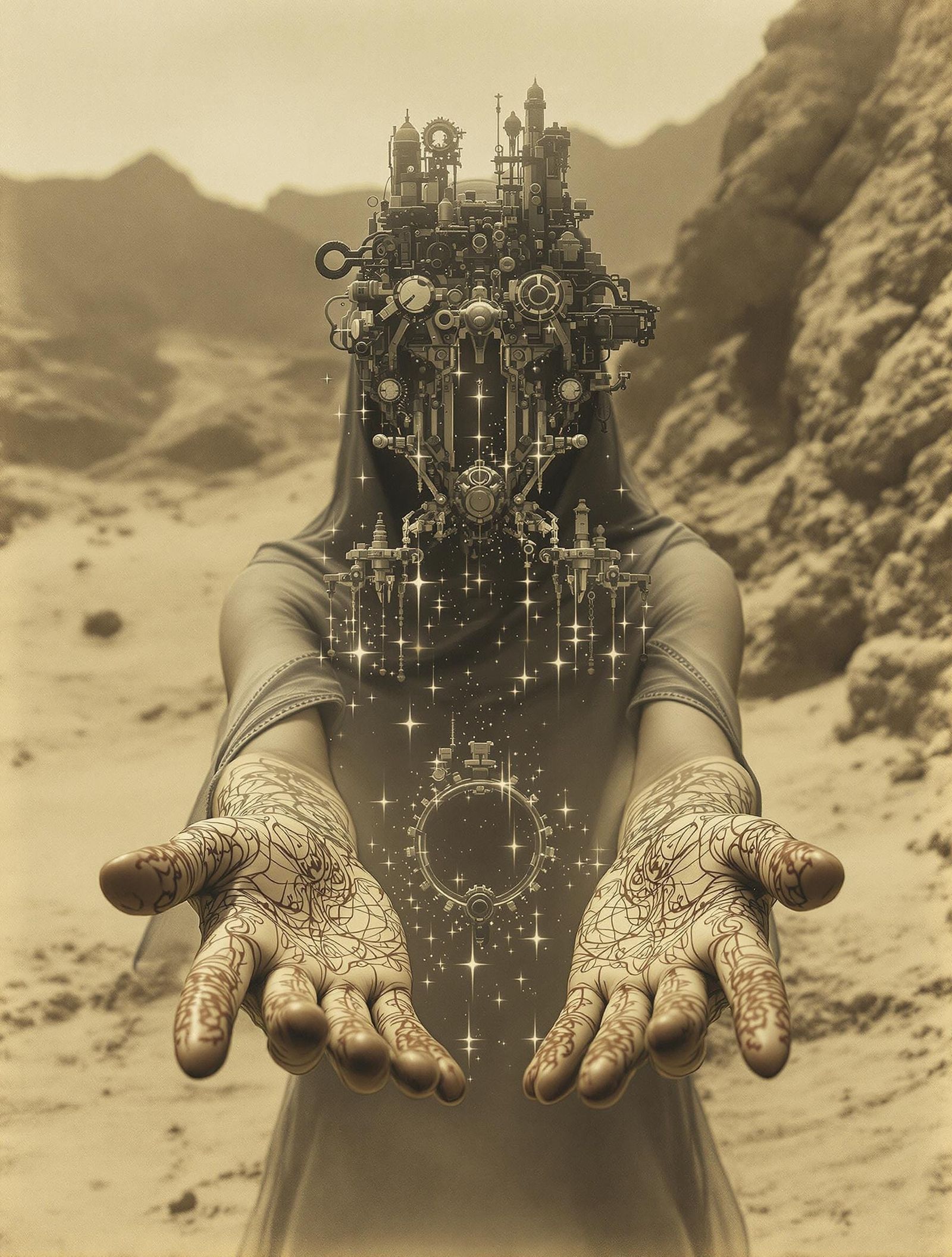 Spectral Woman in Ancient Desert Landscape