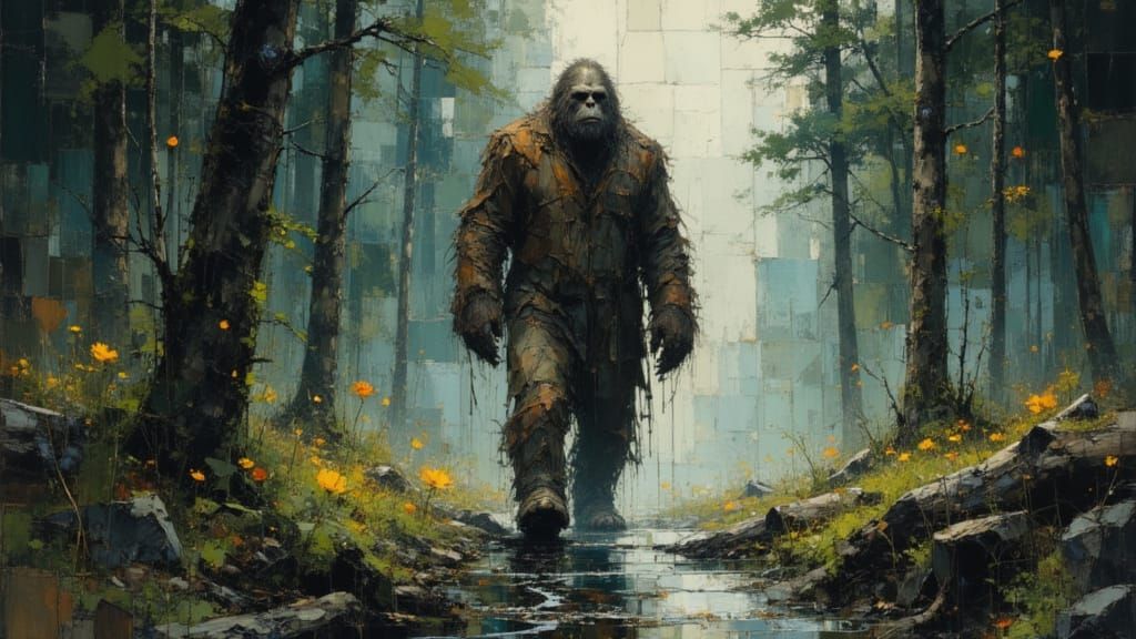 Sasquatch in Misty Forest, Earthy Tones