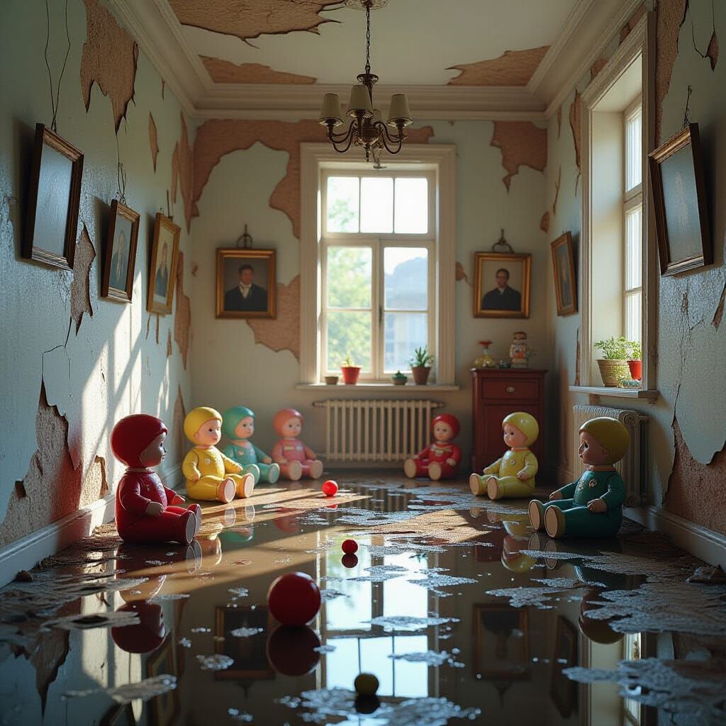 Surreal Room of Floating Toys in Ethereal Light