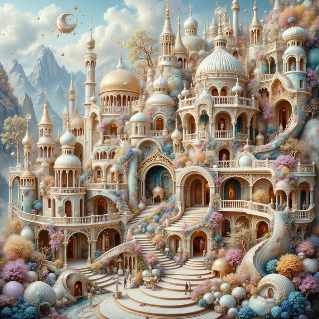 Dreamlike Shell Buildings in a Fantasy Landscape