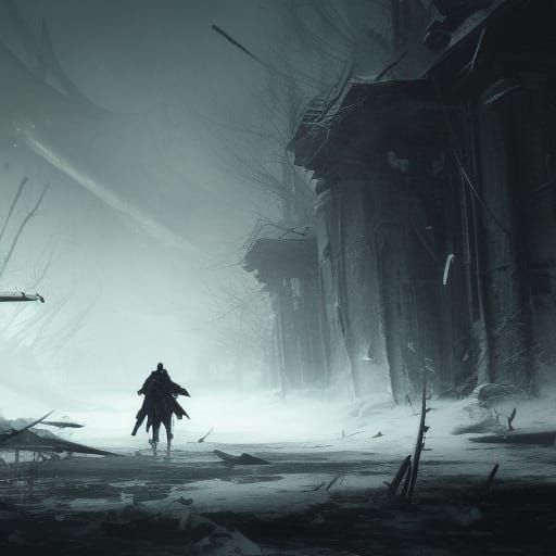 Wounded Samurai on Winter Battlefield in Dark Fantasy Style