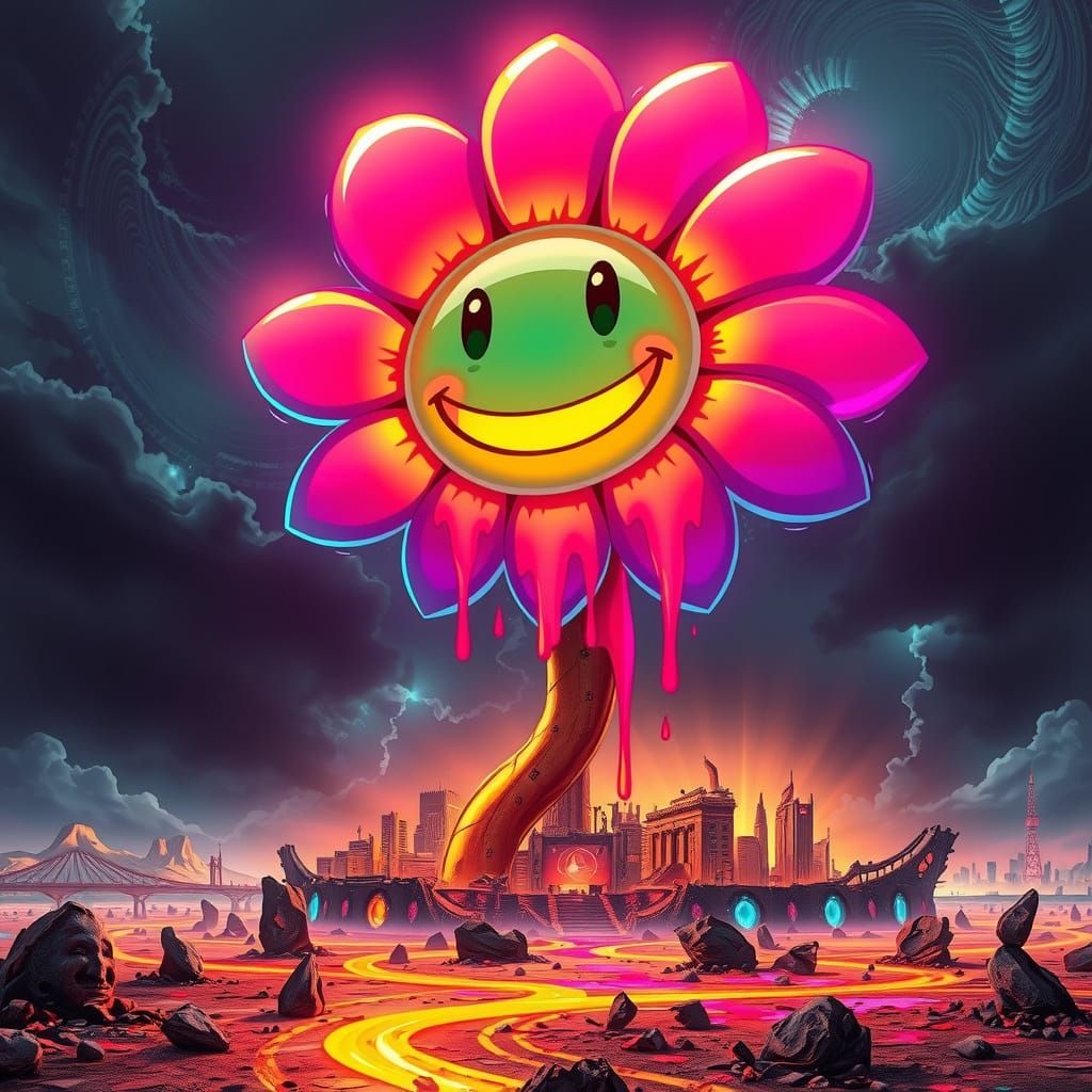 Glowing Acid Smiley Character Dominates Dystopian Ruins