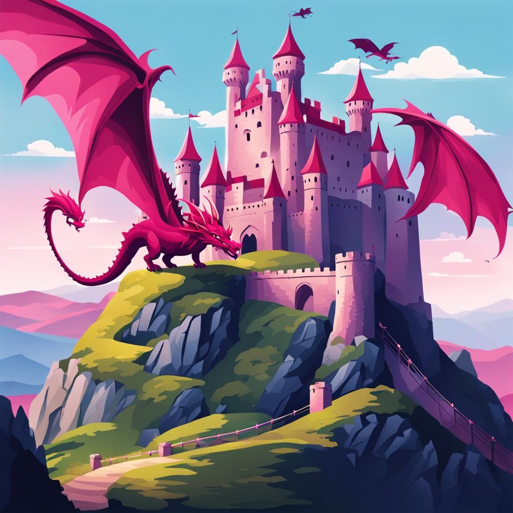 Medieval castle and pink dragon
