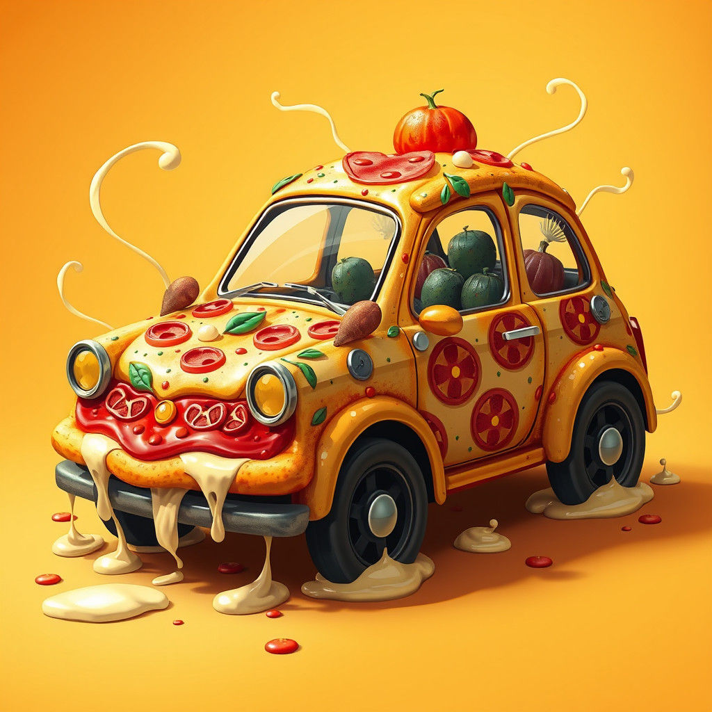 Whimsical Pizza Car in Digital Art Style