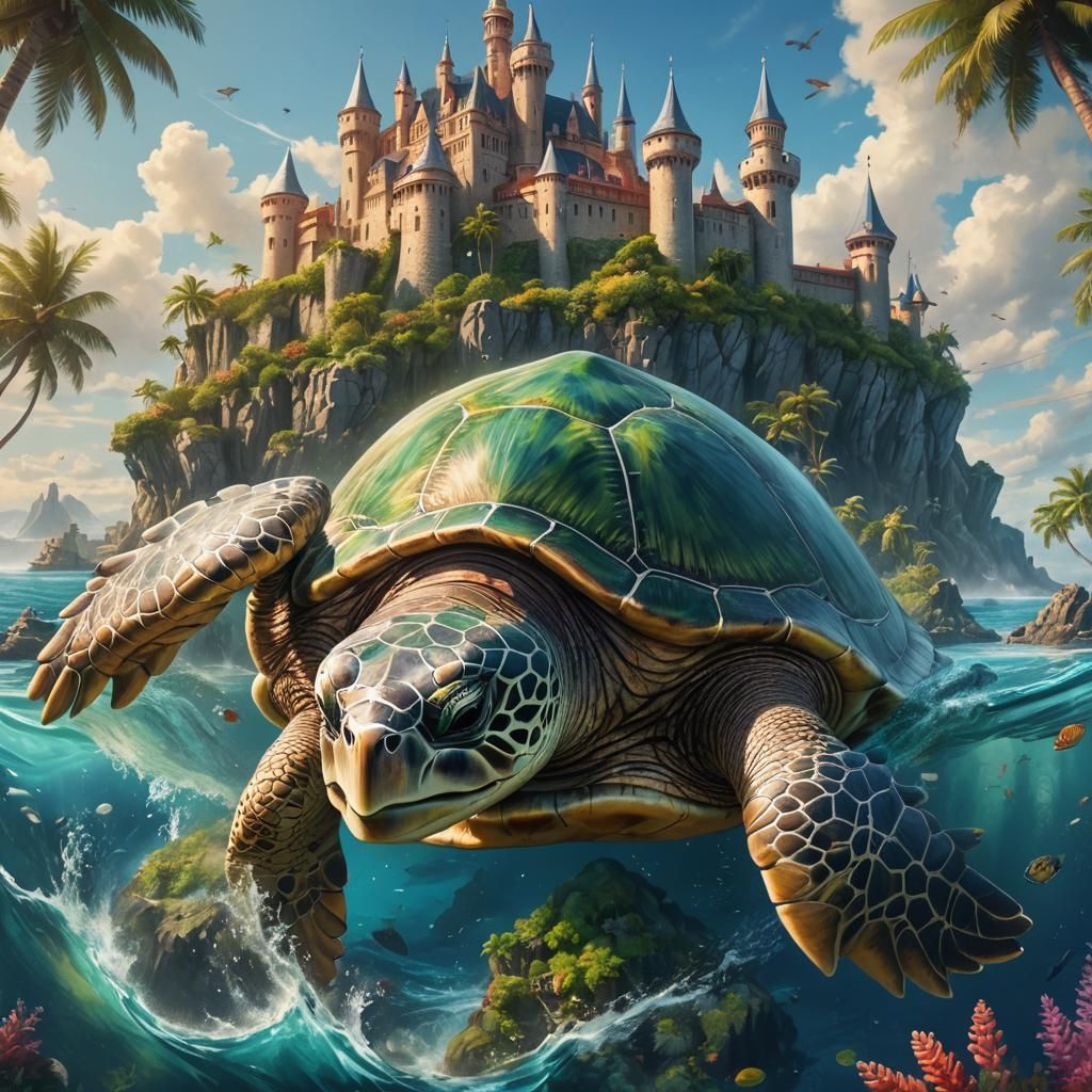 Island Turtle with Castle: Hyperrealistic Splash Art