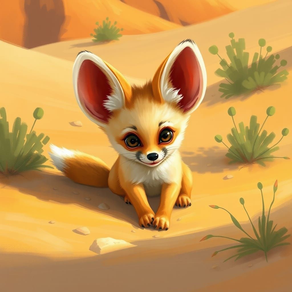 Adorable Fennec Fox in Impressionistic Desert Landscape