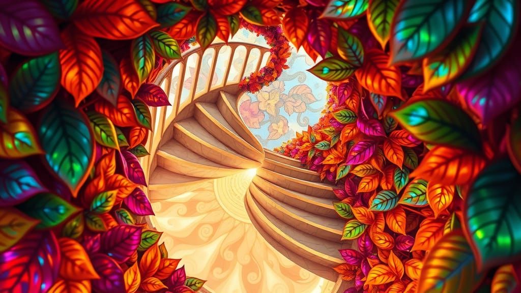 Ethereal Mother-of-Pearl Stairway Ascends into Vibrant Dream...